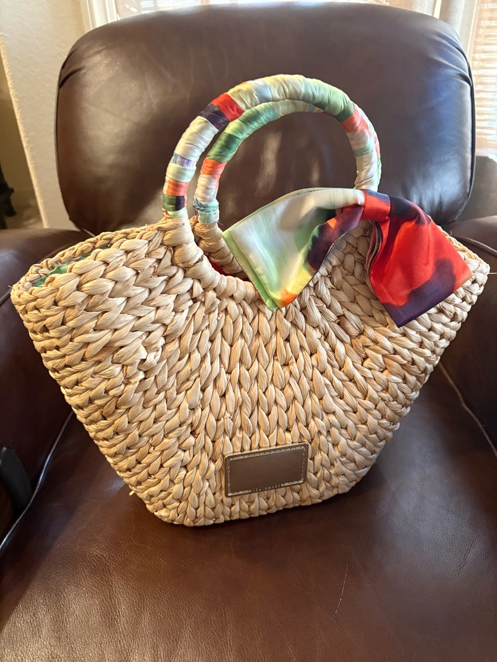 Ted Baker London Straw Woven Tote with Multicolor Scarf Handle